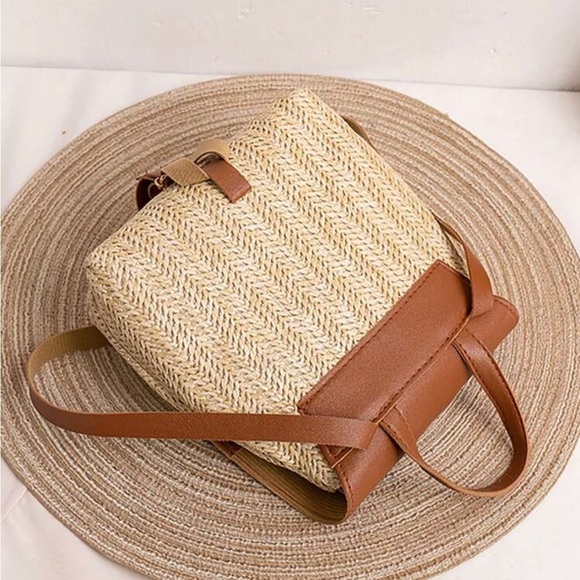 Boho Vegan Leather Straw Mini Backpack Pink main image 7
